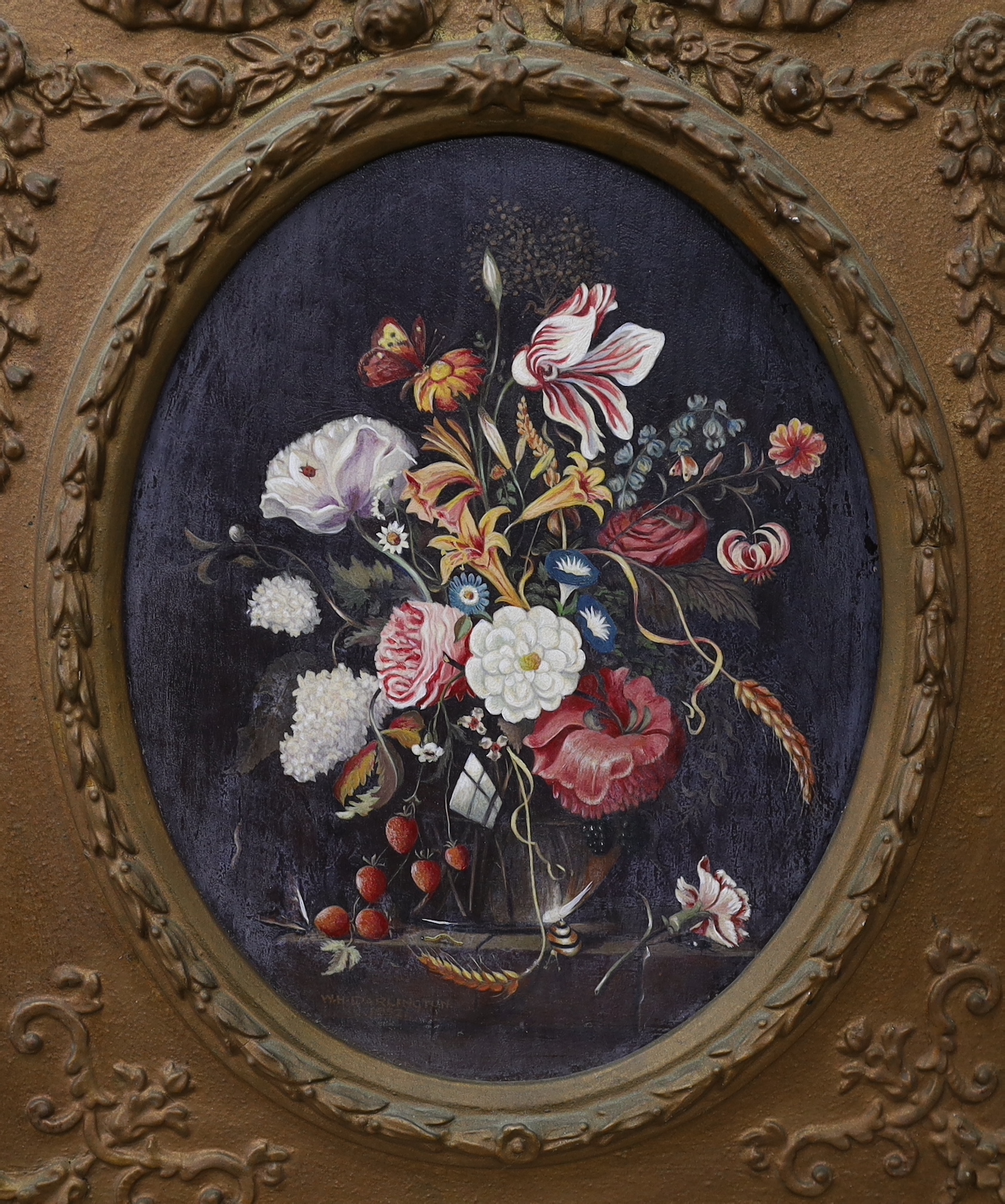 W.H. Darlington (20th. C), oval oil on board, Still life of flowers and fruit, signed and dated 1952, together with a similar still life, tondo